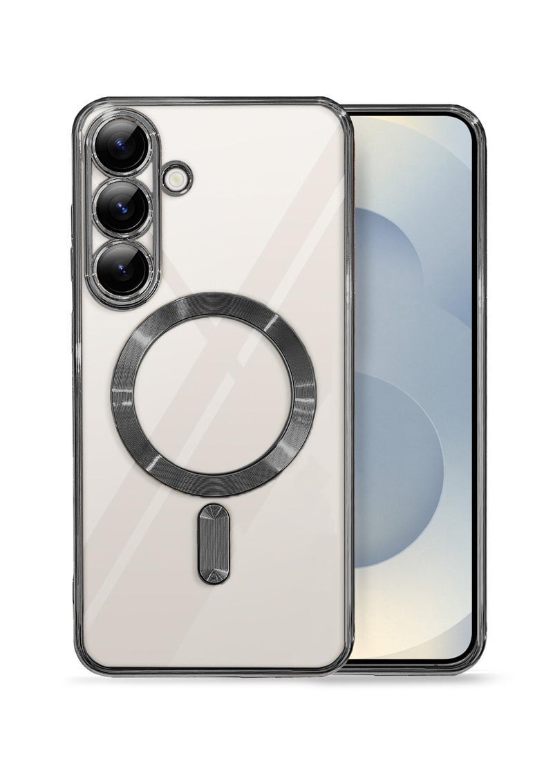 راكسوم جراب حماية فاخر من الجلد الصناعي المطلي باللون الأسود/الشفاف لهاتف سامسونج جالاكسي S25 5G 2025، يدعم تقنية MagSafe، مزود بحواف مرتفعة لحماية الكاميرا، تصميم نحيف مقاوم للصدمات، متوافق مع الشحن اللاسلكي، وإطار معدني أنيق. - Image 1