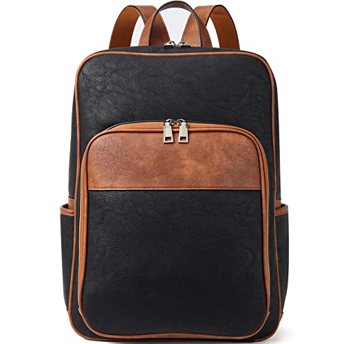 Telena Leather Laptop Backpack for Women Business Casual College Bags Black-Brown - Image 1