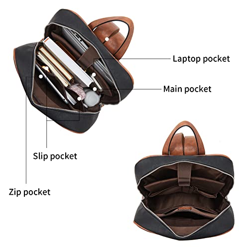Telena Leather Laptop Backpack for Women Business Casual College Bags Black-Brown - Image 2