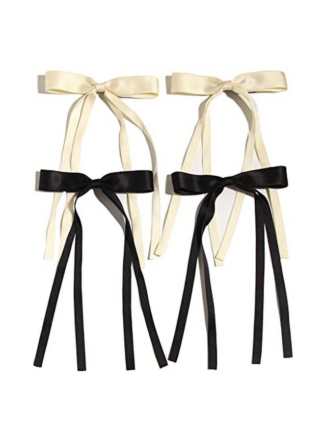 LFOUVRE 4Pcs Hair Clips For Women Tassel Ribbon Bowknot With Long Tail Clip Girl Solid Accessories Barrettes Claw Bow (Black&Beige) - Image 1