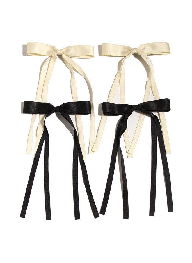 LFOUVRE 4Pcs Hair Clips For Women Tassel Ribbon Bowknot With Long Tail Clip Girl Solid Accessories Barrettes Claw Bow (Black&Beige) - Image 2