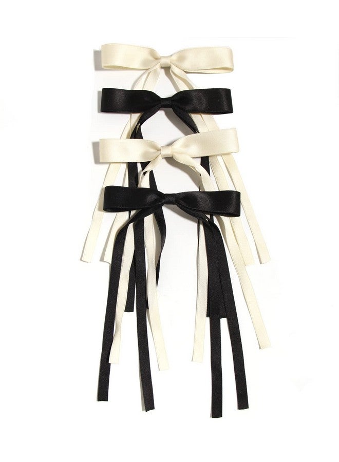 LFOUVRE 4Pcs Hair Clips For Women Tassel Ribbon Bowknot With Long Tail Clip Girl Solid Accessories Barrettes Claw Bow (Black&Beige) - Image 5