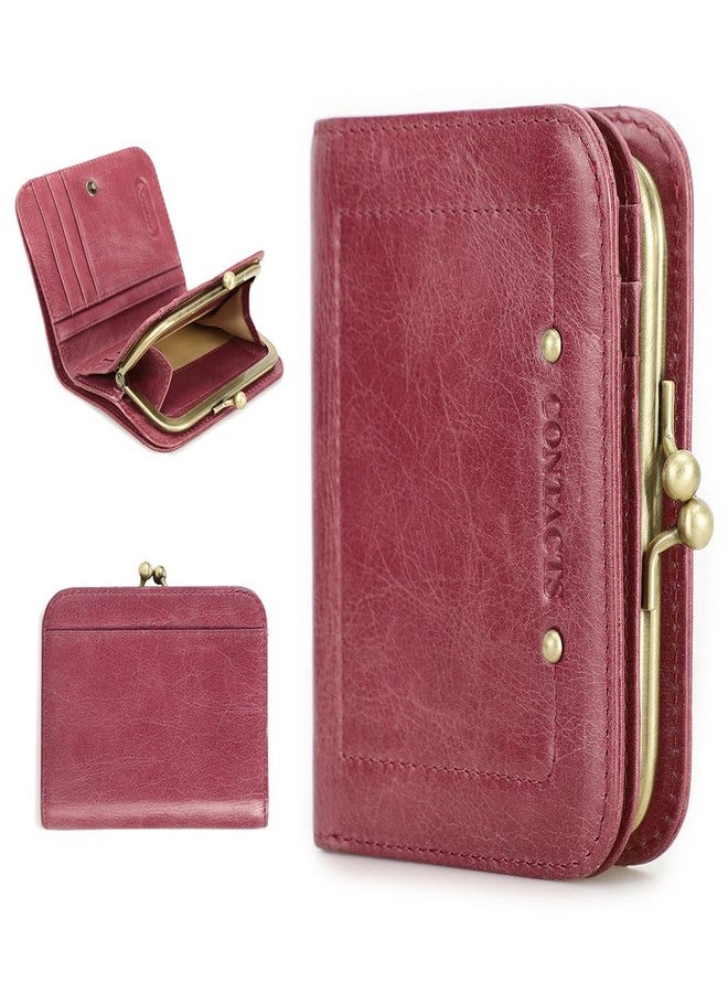 كونتاكتس محفظة كونتاكتس من الجلد الطبيعي بالكامل للنساء، مزودة بقفل كبس، محفظة نقود معدنية، محفظة بطاقات ثنائية الطي بتصميم كلاسيكي، محفظة صغيرة لطيفة مزودة بتقنية RFID (لون وردي) - Image 1