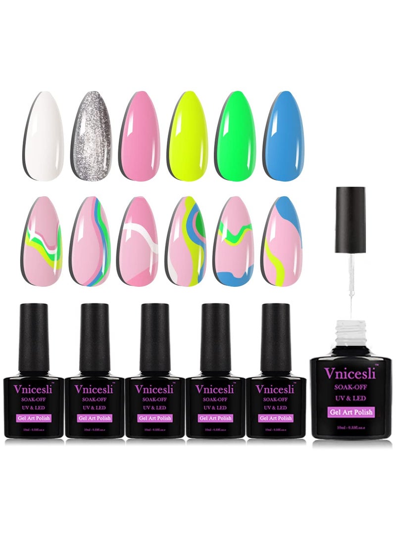 Vnicesli - Vnicesli 6 Colors Gel Nail Polish Nail Art Liner, White Neon Pink Yellow Green Blue Glitter Silver Gel Art Paint for Swirl Nails Nail Built Thin Nail Art Brush in Gel Pens U V Soak off Gel Polish - Image 1