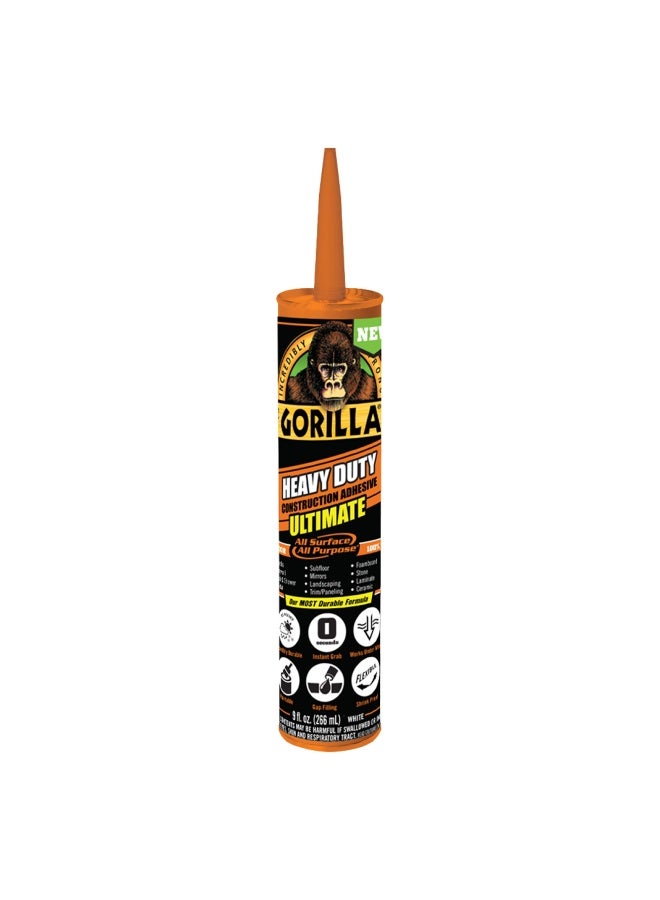 Gorilla Heavy Duty Ultimate Construction Adhesive, 9 Ounce Cartridge, White, (Pack of 1) Fastest Grab, Instant Hold, High Strength, 100% Waterproof, Withstands Extreme Temperatures, Gap Filling | Use On Metal, Wood, Brick (White) - Image 1