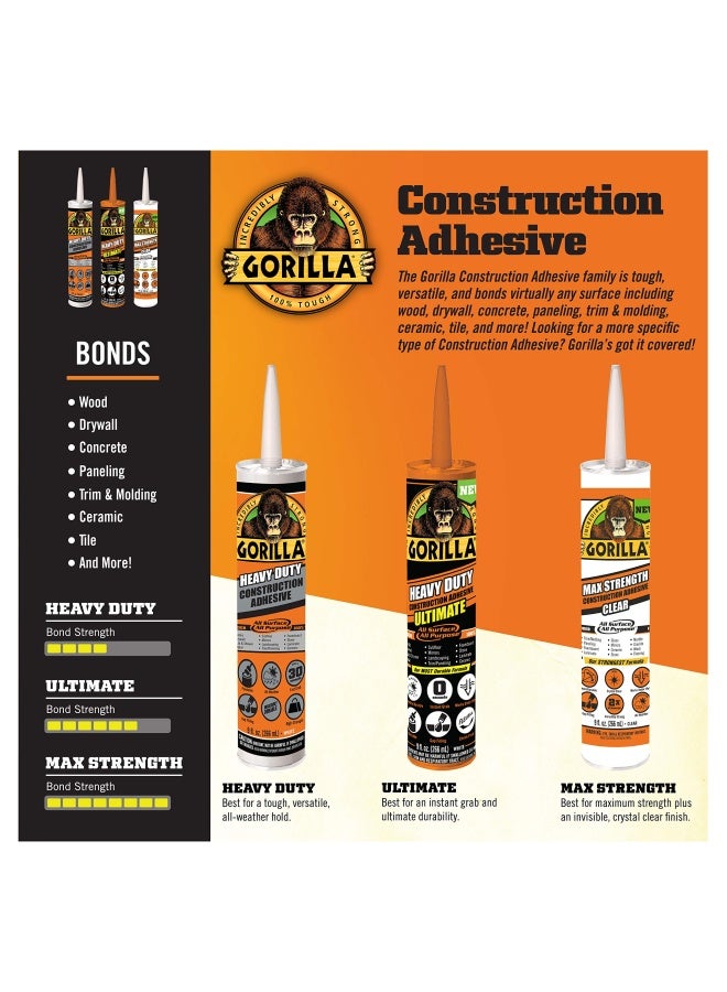 Gorilla Heavy Duty Ultimate Construction Adhesive, 9 Ounce Cartridge, White, (Pack of 1) Fastest Grab, Instant Hold, High Strength, 100% Waterproof, Withstands Extreme Temperatures, Gap Filling | Use On Metal, Wood, Brick (White) - Image 3