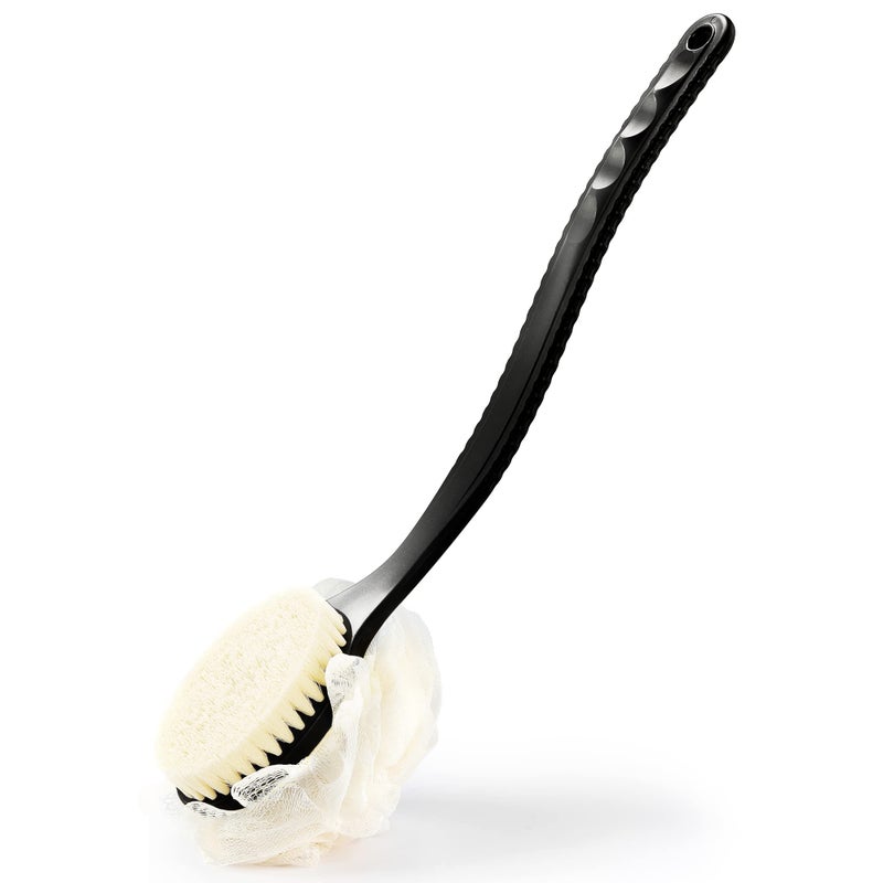 Shower Body Brush with Bristles and LoofahBack Scrubber Bath Mesh Sponge with Curved Long Handle for Skin Exfoliating Bath Massage Bristles Suitable for Wet or Dry Men and Women Black