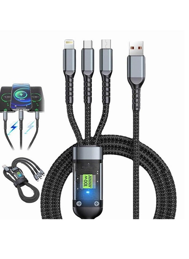 100W Fast Charging Cable 3 in 1 USB Data Cables Transparent with LED Indicator Nylon Braided Multiple Charger Adapter Cord with Type C Micro USB Port for Cell Phones Tablets