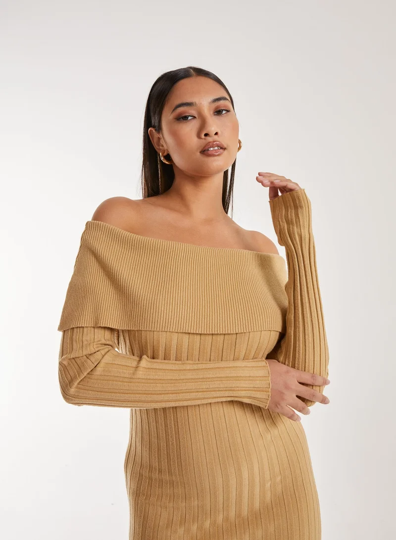 Pink Vanilla  Bardot Ribbed Knit Maxi Dress for Women | Best Price UAE