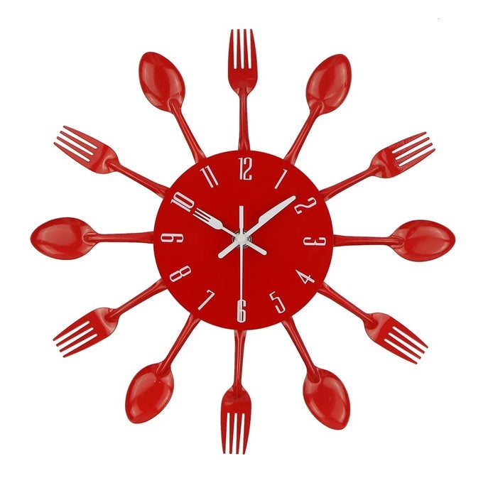 KITCHEN WALL CLOCK 3D REMOVABLE MODERN CREATIVE CUTLERY KITCHEN SPOON FORK WALL CLOCK MIRROR WALL DECAL WALL STICKER ROOM HOME DECORATION RED