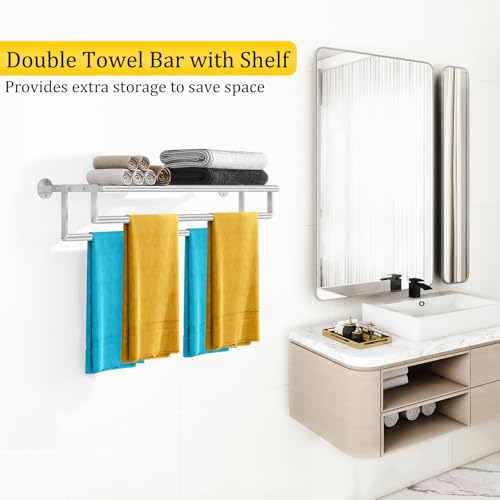 XEENEW Double Towel Racks for Bathroom, Towel Rack with Shelf, Towel Shelf with Double Towel Bar Brushed Nickel, Wall Mount Towel Holder Stainless Steel, 32 Inch Towel Bar with Shelf - Image 2