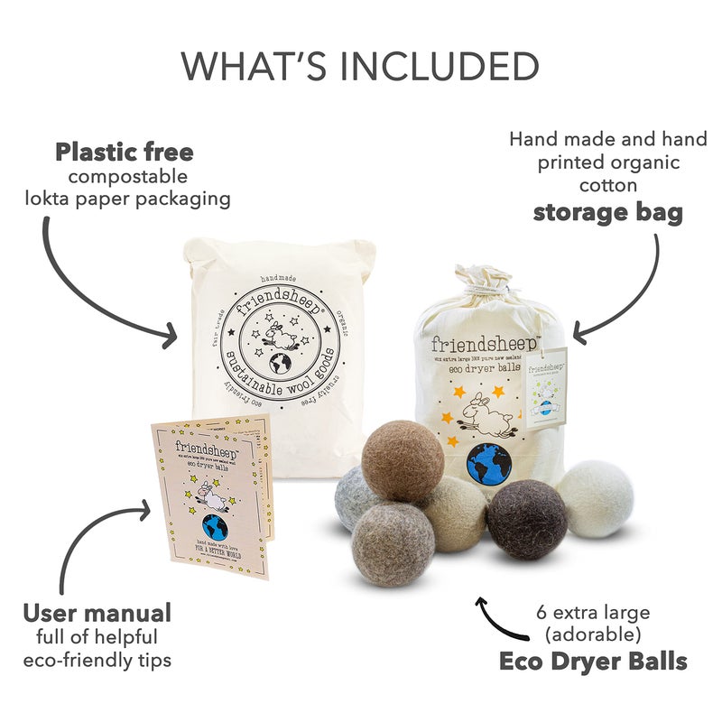 Friendsheep Wool Dryer Balls, Organic Reusable Fabric Softener Alternative for Laundry, Handmade, Fair Trade, Hypoallergenic, Eco-Friendly, Plastic-Free (6 Pack XL - Natural Mystic) - Image 4