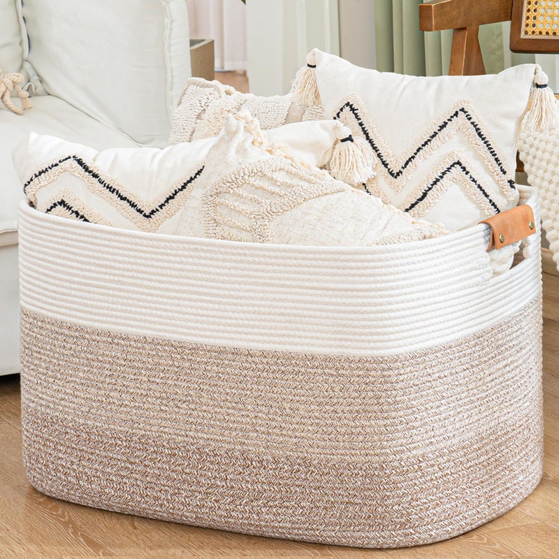 danpinera 108L Large Blanket Basket for Living Room Woven Storage Basket with Leather Handles Cotton Rope Storage Organization in Nursery for Toys Clothes 25 16 16 Gradient Brown
