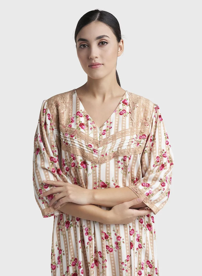 كشخة Beige Floral Stripe Print Rayon Long Nightwear Dress (CNH496)