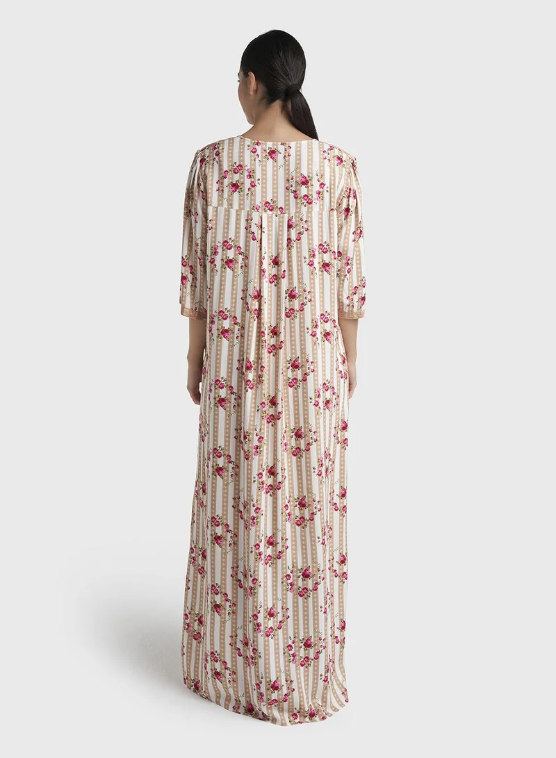 Kashkha  Beige Floral Stripe Print Rayon Long Nightwear Dress (CNH496) for Women | Best Price UAE