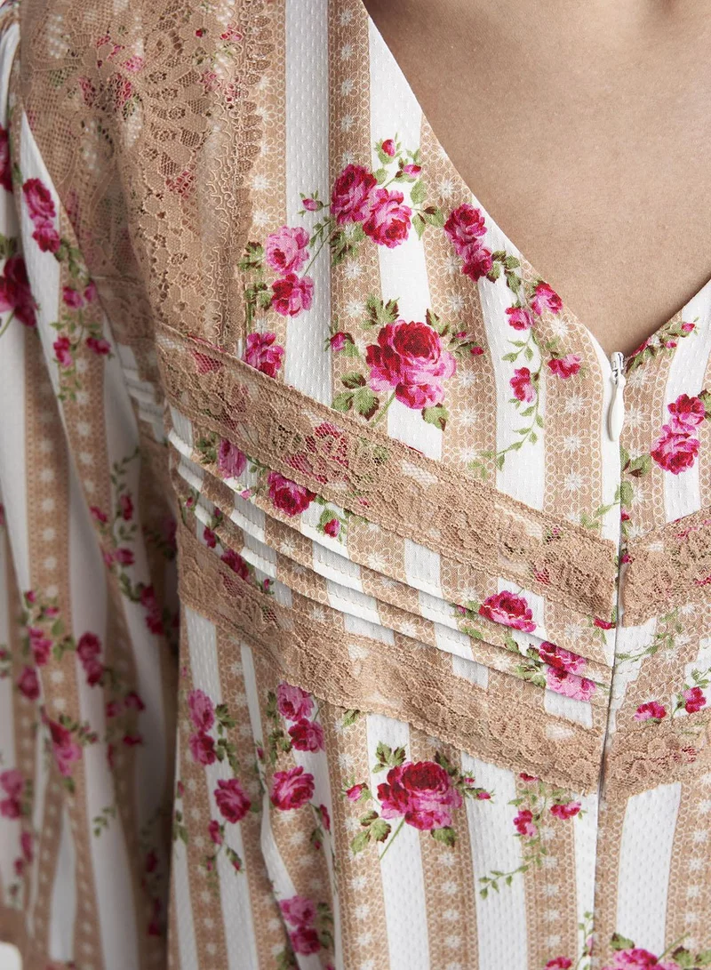 Kashkha  Beige Floral Stripe Print Rayon Long Nightwear Dress (CNH496) for Women | Best Price UAE