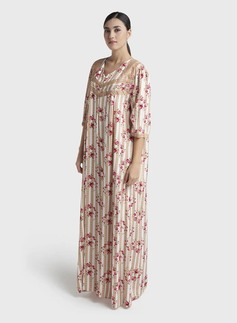 Kashkha  Beige Floral Stripe Print Rayon Long Nightwear Dress (CNH496) for Women | Best Price UAE