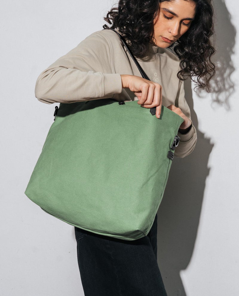 DailyObjects Latest Stylish Buoy Tote Bag For Girls & Women,Sturdy Cotton Canvas Material,Double Shoulder Straps,Ladies Handbag Purse For Daily & Office Use,Zip Pockets,Handcrafted - Utility,Green - Image 2