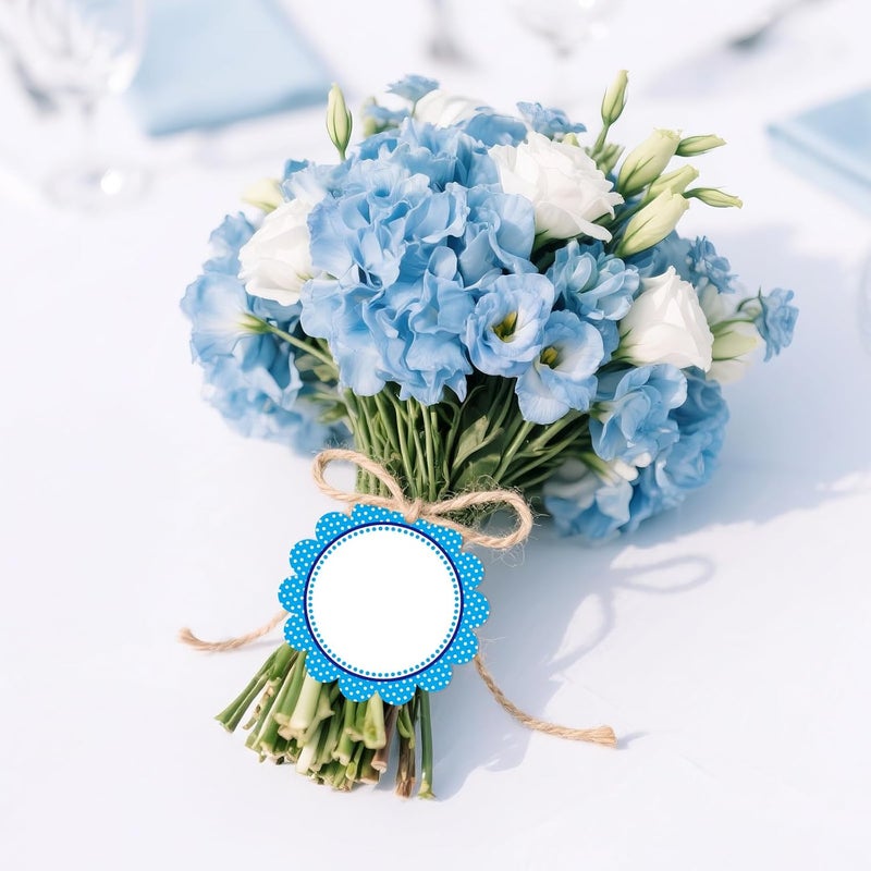 g2plus 50PCS Blue Scalloped Gift Tags, 2.5in Round Scalloped Gift Tags with String, Large Blank Paper Hanging Labels Craft Tag with Blue and White Polka Dots Edge Design for Arts Crafts Packaging - Image 5