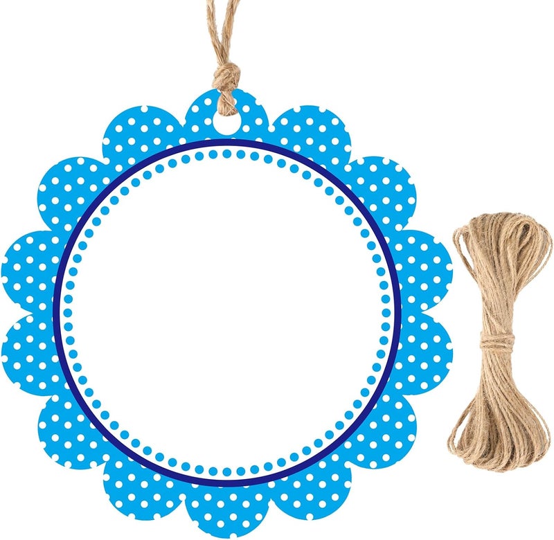 g2plus 50PCS Blue Scalloped Gift Tags, 2.5in Round Scalloped Gift Tags with String, Large Blank Paper Hanging Labels Craft Tag with Blue and White Polka Dots Edge Design for Arts Crafts Packaging - Image 1