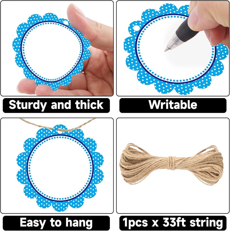 g2plus 50PCS Blue Scalloped Gift Tags, 2.5in Round Scalloped Gift Tags with String, Large Blank Paper Hanging Labels Craft Tag with Blue and White Polka Dots Edge Design for Arts Crafts Packaging - Image 3