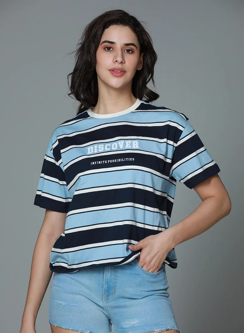 هاي ستار Women's Blue 100% Cotton Striped Boxy T-Shirt