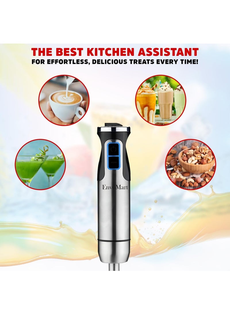 EnvoMart 800W 4-in-1 Hand Blender Set - 2-Speed Stick Mixer with Titanium Plated Stainless Steel Blade, 600ml Mixing Beaker and 860ml Food Chopper, and Whisk Attachment - Kitchen Mixer for Blending - Image 2