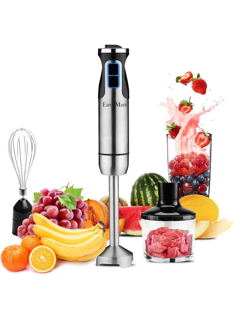EnvoMart 800W 4-in-1 Hand Blender Set - 2-Speed Stick Mixer with Titanium Plated Stainless Steel Blade, 600ml Mixing Beaker and 860ml Food Chopper, and Whisk Attachment - Kitchen Mixer for Blending - Image 1