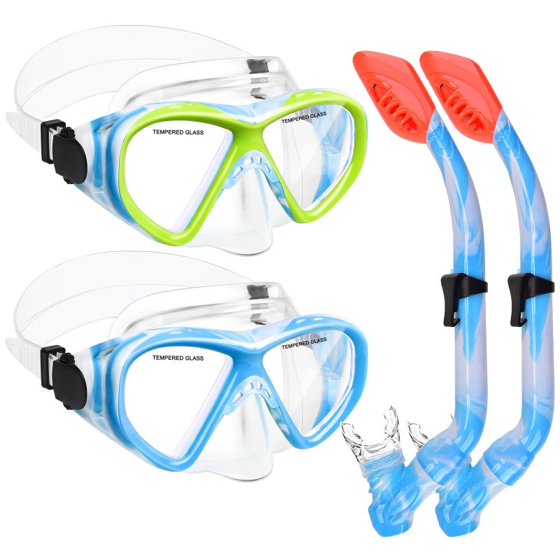 ACQCES 2 Sets Snorkeling Gear for Kids, Kids Snorkel Set for Ages 6-14, Dry Top Snorkel Mask Set for Youth Boys Girls Junior, Tempered Glass Diving Swimming Mask Goggles - Image 1