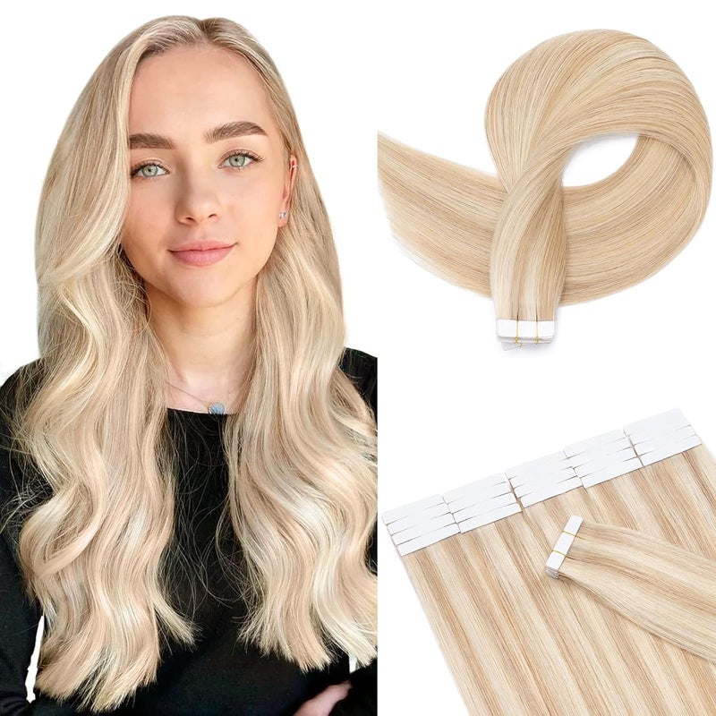 Hairro Hairro Glue In Hair Extensions Human Hair Tape In Real Human Hair Skin Weft Double Sided Tape Balayge Highlight Blonde Tape On Hair Extensions 12 inch 30g 20pcs 18P613 Ash Blonde  Bleach Blonde 