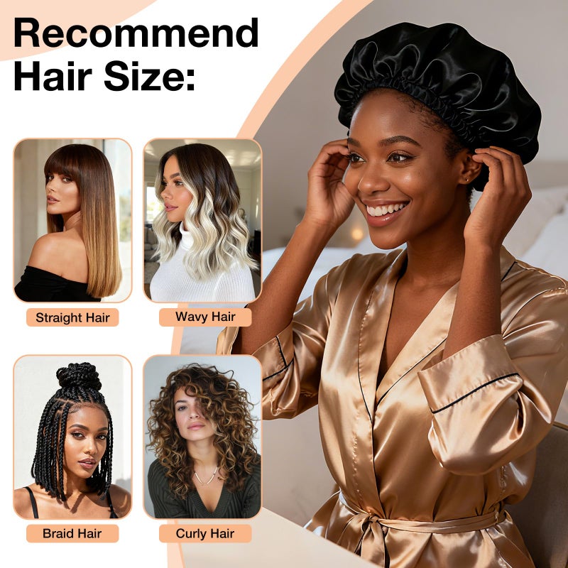 Udefineit 2 In 1 Wrap Cap Bonnet, Reversible Curly Hair Bonnet for Sleeping, Silk Press & Braid Protection, Adjustable Double Layer Hair Wrap Cap&Net, Elastic Hairsaver Wrap Caps for Natural, Braided Locs-Black - Image 4