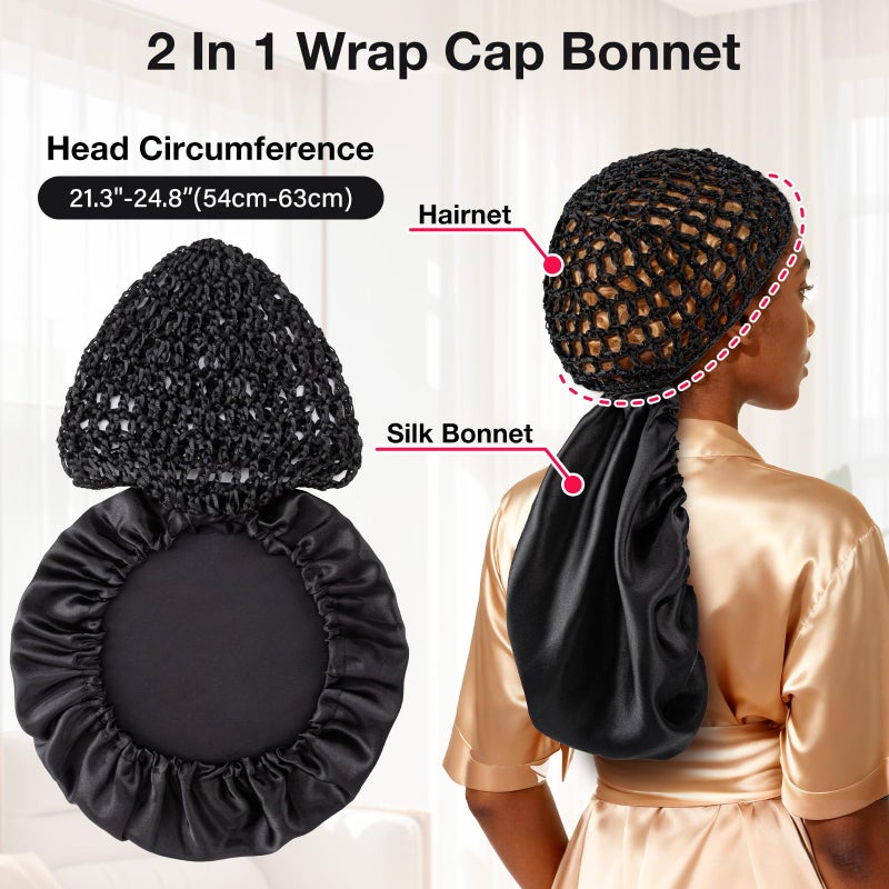 Udefineit 2 In 1 Wrap Cap Bonnet, Reversible Curly Hair Bonnet for Sleeping, Silk Press & Braid Protection, Adjustable Double Layer Hair Wrap Cap&Net, Elastic Hairsaver Wrap Caps for Natural, Braided Locs-Black - Image 2