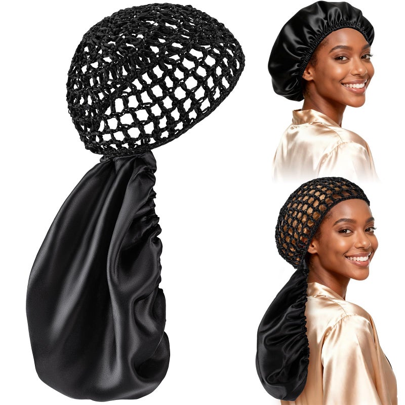 Udefineit 2 In 1 Wrap Cap Bonnet, Reversible Curly Hair Bonnet for Sleeping, Silk Press & Braid Protection, Adjustable Double Layer Hair Wrap Cap&Net, Elastic Hairsaver Wrap Caps for Natural, Braided Locs-Black - Image 1