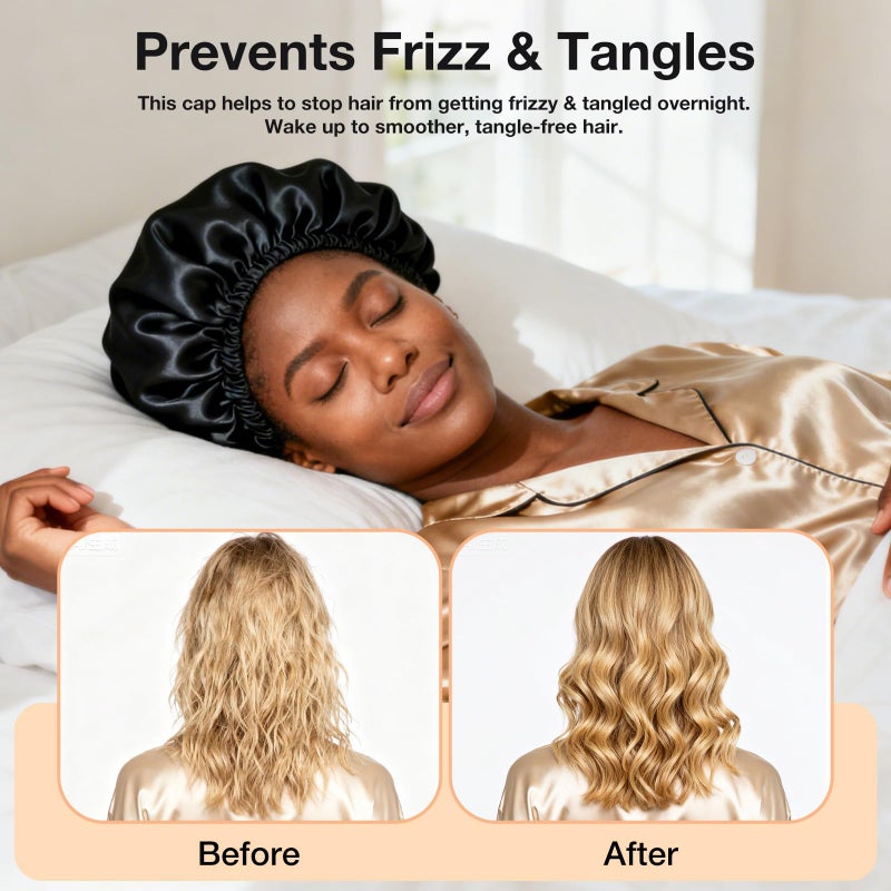 Udefineit 2 In 1 Wrap Cap Bonnet, Reversible Curly Hair Bonnet for Sleeping, Silk Press & Braid Protection, Adjustable Double Layer Hair Wrap Cap&Net, Elastic Hairsaver Wrap Caps for Natural, Braided Locs-Black - Image 3