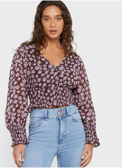 Balloon Sleeve Printed Crop Top