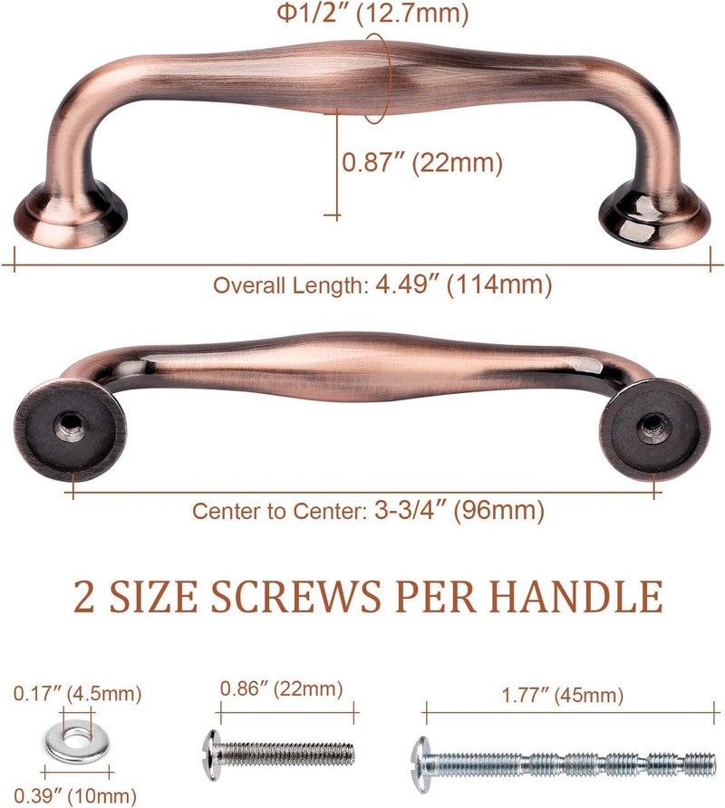 WEAVERBIRD 2 Pack Cabinet Handles Red Copper 3-3/4" Hardware Pull Handles, Antique Dresser Drawer Pulls 96mm Furniture Drawer Pulls - Image 2