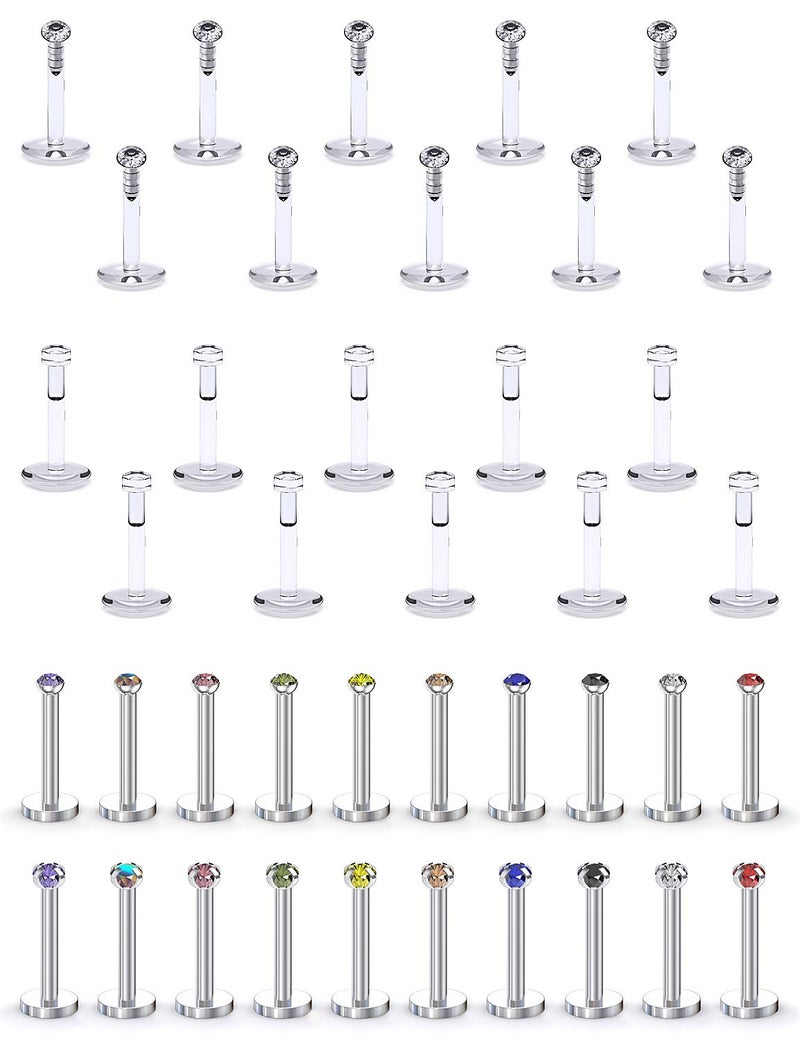 SCERRING 16G Lip Rings 6mm Acrylic & Stainless Steel Labret Monroe Lip Ring Tragus Rook Helix Earring Stud Piercing Jewelry with 2mm CZ 40PCS - Image 1