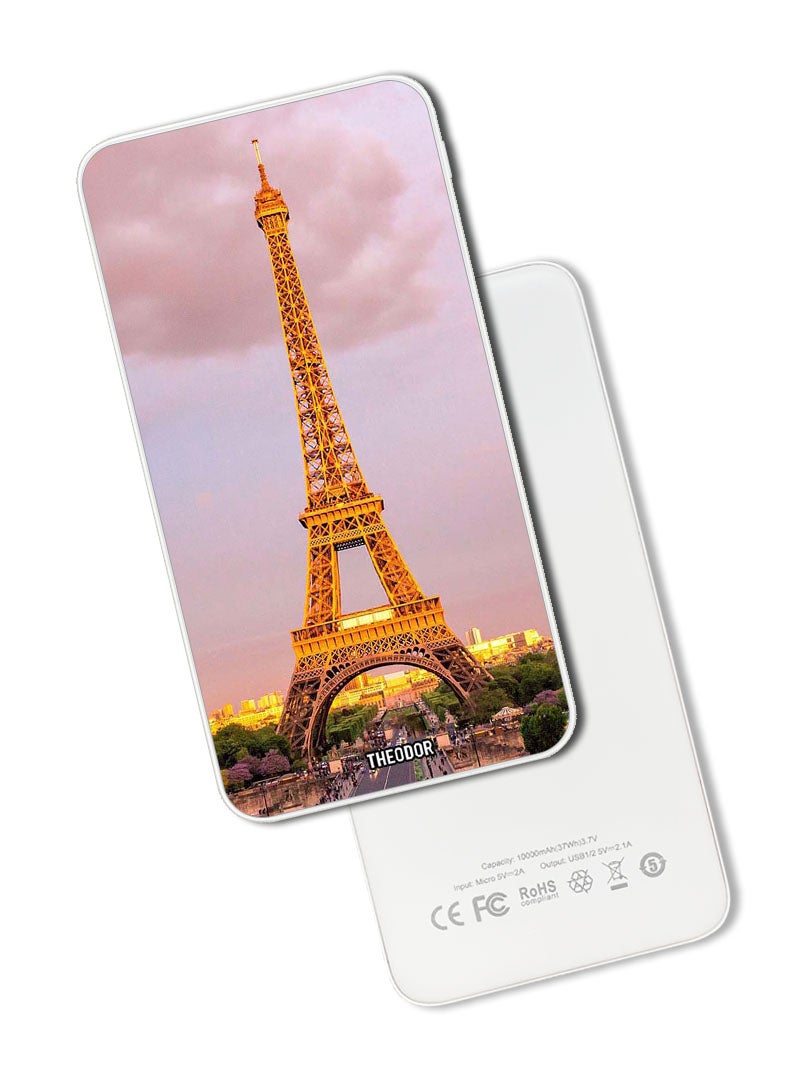 Theodor 10,000 mAh Super Fast Charging Ultra Compact Power Bank with Quick Charge & Power Delivery, Portable Charger For iPhone and Android Eiffel Tower - Image 1