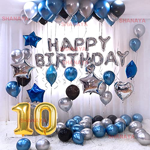 SHANAYA Birthday Decoration Items| 10th Birthday Decoration For Girls Boys Husband Wife| Birthday Decoration Set Kit| 60Pcs Includes Happy Birthday Silver Foil Blue Black Silver Metallic Balloons No10 Foil - Image 1