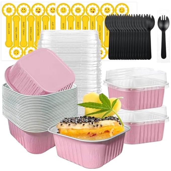 5 أوقية ميني كيك مع أغطية 30 عبوة 35 × 35 بوصة أكواب خبز مربعة بطانات كب كيك رقائق الألومنيوم التي يمكن التخلص منها مافن فردي وحلوى سلطانيات لحفلات الخبز والمناسباتوردي - Image 1