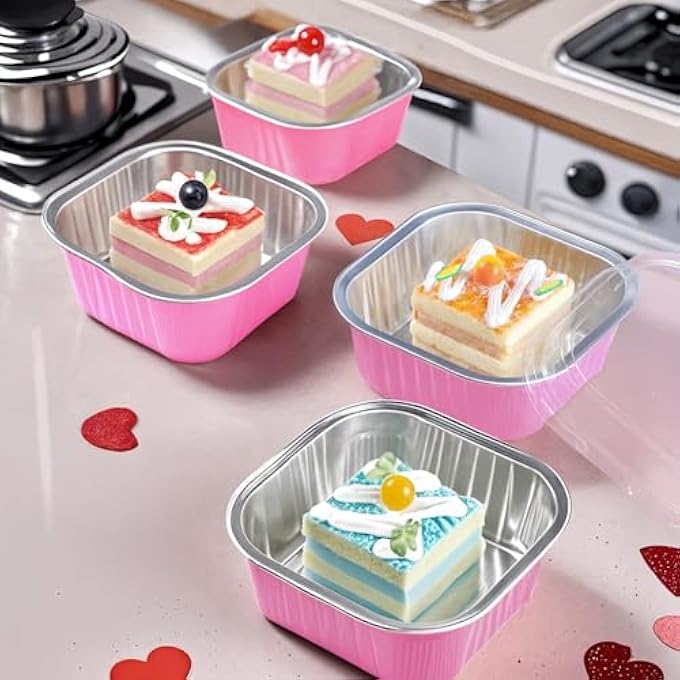 5 أوقية ميني كيك مع أغطية 30 عبوة 35 × 35 بوصة أكواب خبز مربعة بطانات كب كيك رقائق الألومنيوم التي يمكن التخلص منها مافن فردي وحلوى سلطانيات لحفلات الخبز والمناسباتوردي - Image 5