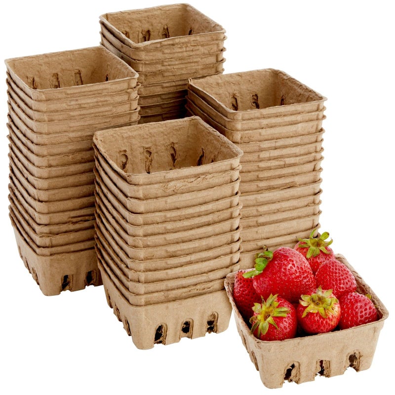 Juvale Pulp Fiber Berry Baskets - 4 x 4 x 1.81 in Brown Molded Pulp - Ventilated Design for Farmers Market Produce - Cardboard Fruit Containers & 60 Mini Berry Cartons - Image 1