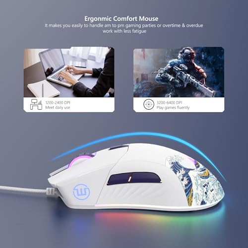 Womier Wired Gaming Mouse, White RGB Anime Mouse w/Ergonomic Computer 12000DPI/6 Programmable Buttons Programmable Buttons for Laptop PC Mac Windows-G705 V2 Kanagawa - Image 5