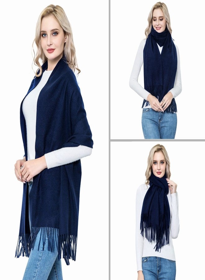 وشاح صوف فيميت للنساء، أوشحة وشالات صوفية سميكة ودافئة وكبيرة الحجم باللون الأزرق الداكن من الباشمينا مناسبة لفساتين الزفاف والسهرات (أزرق داكن) - Image 5