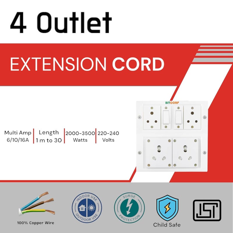 Bitcorp Extension Board 6A 16A 20A Muti Pin 4 Socket 2 Switch 2000W with Surge Protector 1 Meter Long Cable Cord for Heavy Duty Home Kitchen Office Outdoor Indoor Appliances White - Image 2