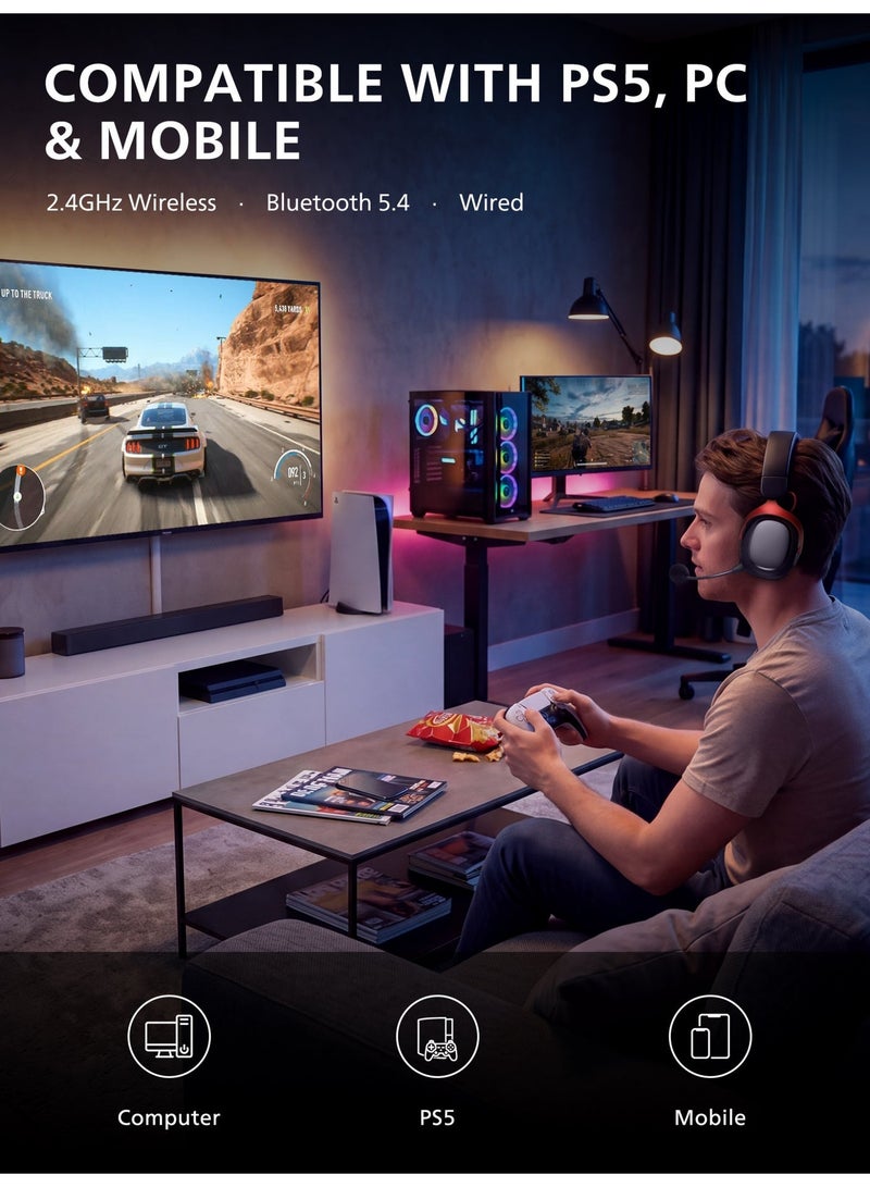 فيليبس سماعة رأس فيليبس TAG5 لاسلكية للألعاب، صوت محيطي 7.1، متوافقة مع PS5/PS4 والكمبيوتر والهاتف المحمول، قاعدة شحن ذكية بشاشة LCD ومستقبل لاسلكي، زمن استجابة أقل من 15 مللي ثانية عبر 2.4GHz، محركات صوت 53 مم، ميكروفون قابل للفصل بتقنية ENC لإلغاء الضوضاء، عمر بطارية يصل إلى 90 ساعة، اتصال ثلاثي 2.4GHz وBluetooth 5.4 وسلكي - Image 3