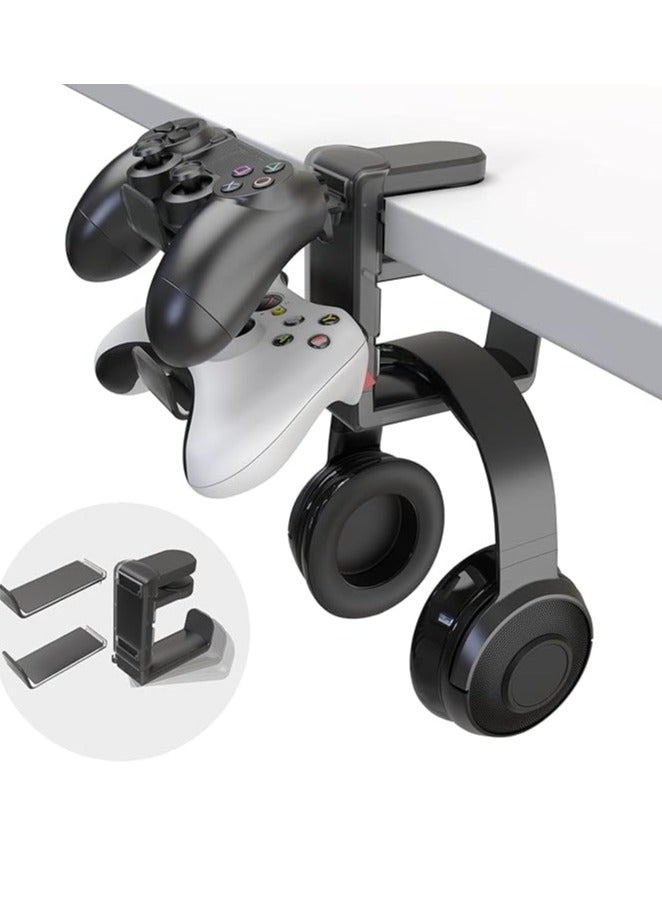 3-in-1 PC Gaming Headset&Controller Holder - EURPMASK Headphone Stand w/Adjustable Clamp&2 Controller Holder&Rotating Arm&Cable Organizer, Universal PC Gaming Accessory Controller Headset Stand-Black - Image 1