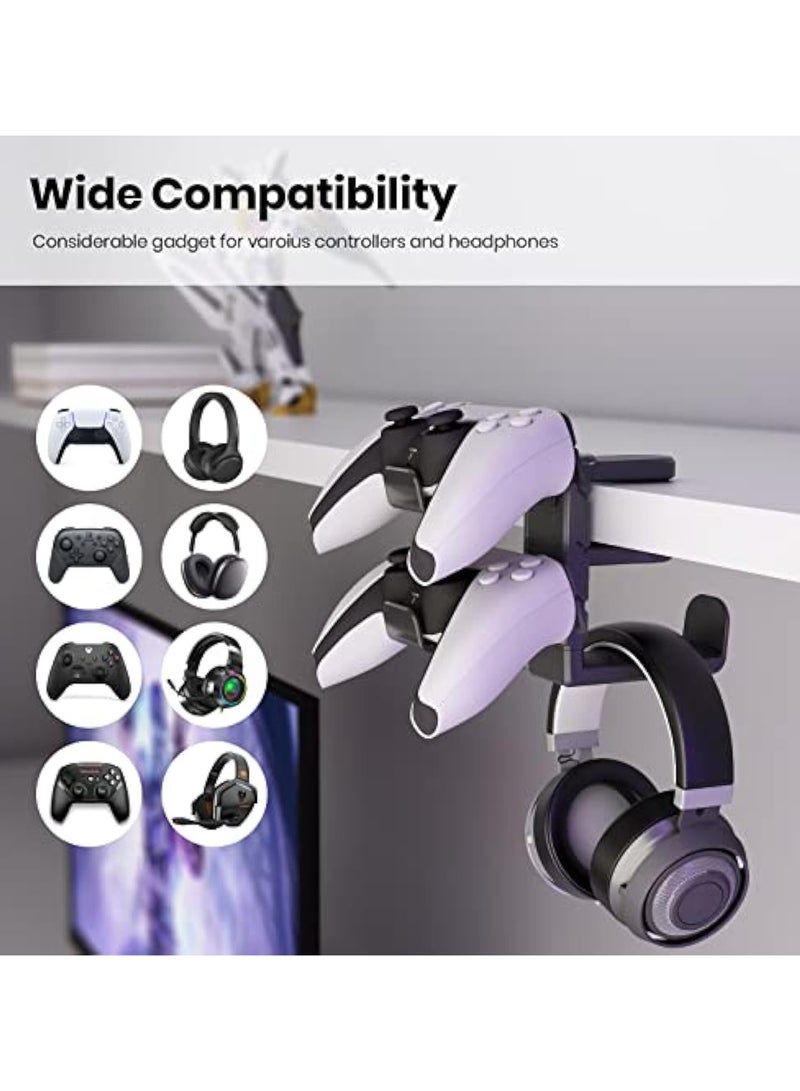 3-in-1 PC Gaming Headset&Controller Holder - EURPMASK Headphone Stand w/Adjustable Clamp&2 Controller Holder&Rotating Arm&Cable Organizer, Universal PC Gaming Accessory Controller Headset Stand-Black - Image 3