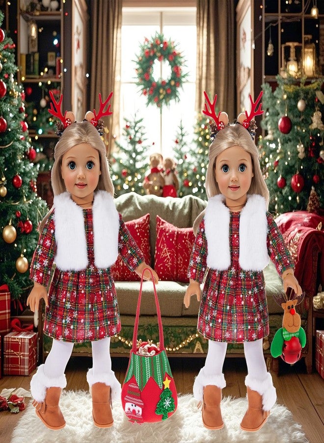 ebuddy 18 inch Doll Clothes and Accessories- Christmas Costume Playset Including Dress,Fur Vest, Tights, Boots, Hair Clips,Bell and Sticker (No Doll) - Image 5