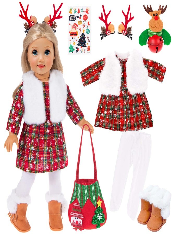 ebuddy 18 inch Doll Clothes and Accessories- Christmas Costume Playset Including Dress,Fur Vest, Tights, Boots, Hair Clips,Bell and Sticker (No Doll) - Image 1